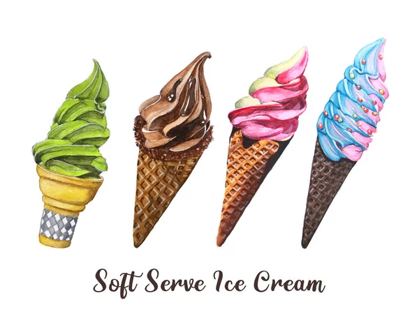 Set of Soft serve Ice cream watercolor, Green tea, Chocolate, Strawberry, Rainbow, Vanilla