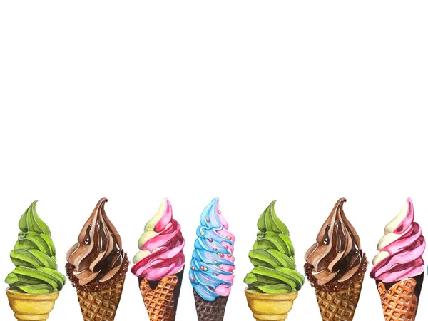 Confine Acquerello Cornice Modello Gelato Morbido Verde Cioccolato Fragola Arcobaleno — Foto Stock