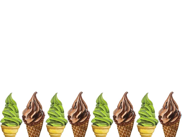 Aquarell Bordüre Rahmen Muster Soft Serve Eis Grüner Tee Schokolade — Stockfoto