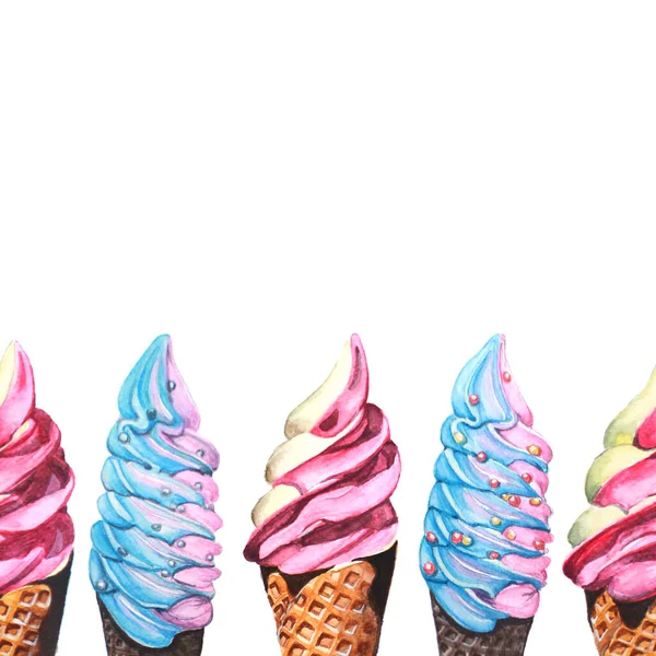 Watercolor Border Frame Pattern Rainbow Soft Serve Ice Cream Unicorn — Stock Photo, Image