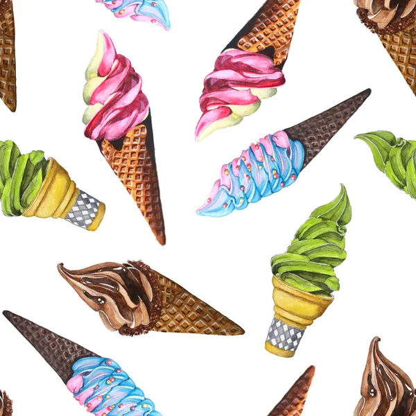 Sem Costura Servir Suave Ice Cream Aquarela Fundo — Fotografia de Stock