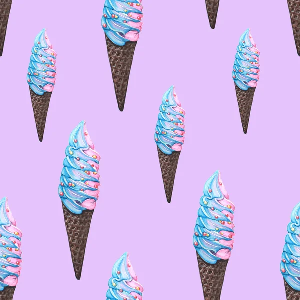 Rainbow Soft Servirá Helado Acuarela Unicornio Helado Sin Costura Purple — Foto de Stock