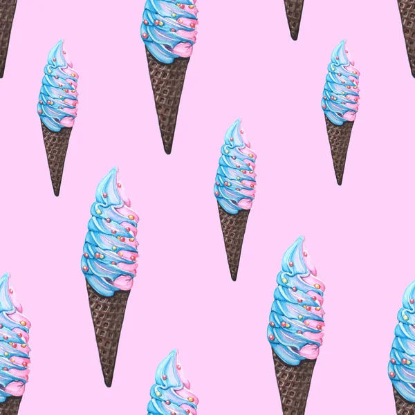 Rainbow Soft Serve Helado Acuarela Unicornio Helado Sin Costura Fondo — Foto de Stock