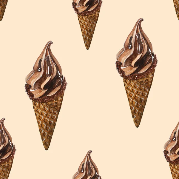 Chocolate Soft Serve Ice Cream Watercolor Seamless Beige Background — Stock Photo, Image