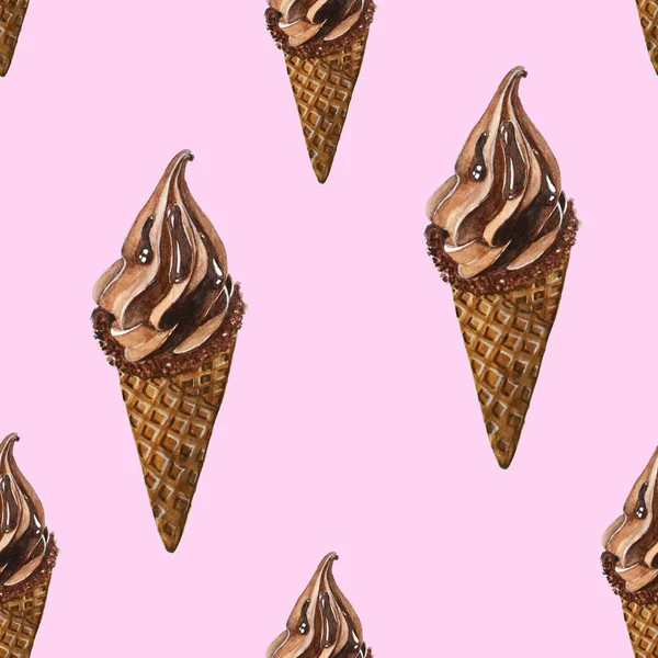 Шоколад Який Сервіз Морозиво Акварель Безшовний Рожевий Фон — стокове фото