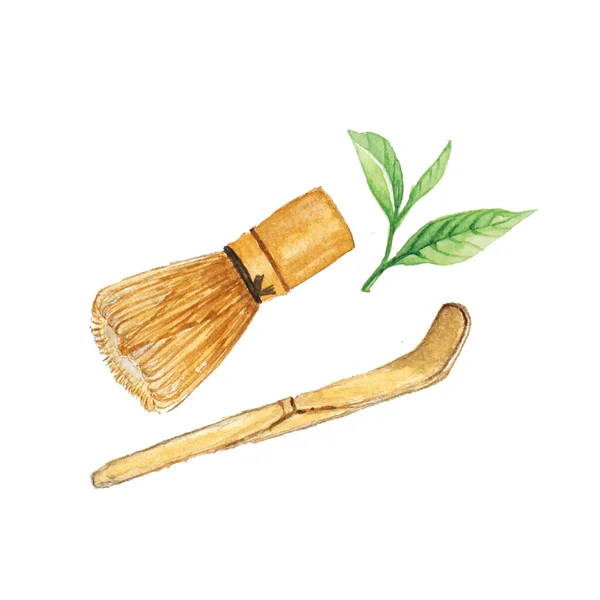 Japanese Tools Chasen Bamboo Whek Chashaku Spoon Watercolo — 스톡 사진