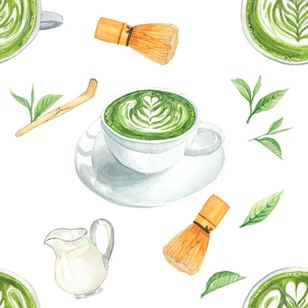 Menu Matcha Latte Milk Green Tea Watercolor Seamless Pattern Background — 스톡 사진