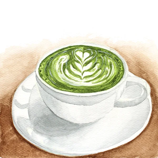 Matcha Latte Milk Green Tea Watercolor Latte Art Brown Background — 스톡 사진