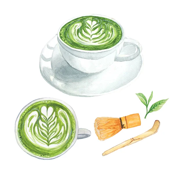 Matcha Latte Milk Green Tea Watercolor Matcha Equipment Whisk Spoon — 스톡 사진