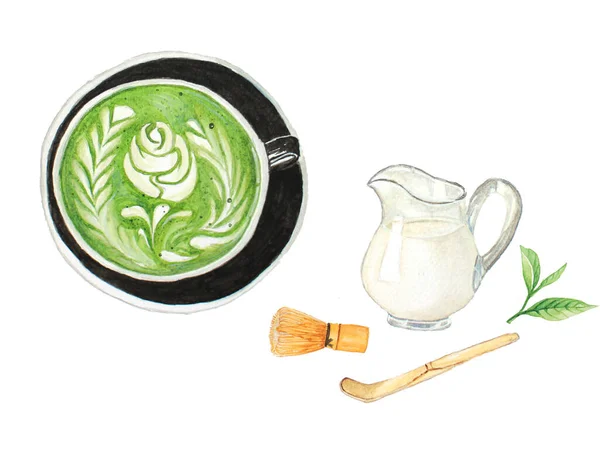 Matcha Latte Milk Green Tea Watercolor Matcha Equipment Whisk Spoon — 스톡 사진