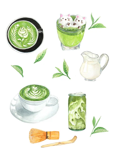 Menu Matcha Latte Milk Green Tea Watercolor Matcha Equipment Whisk — 스톡 사진
