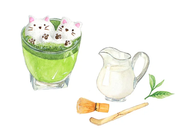 Matcha Latte Milk Green Tea Watercolor Matcha Equipment Whisk Spoon — 스톡 사진