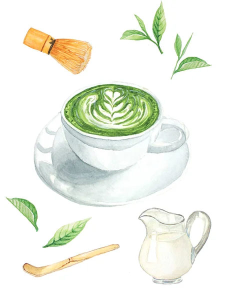 Matcha Latte Milk Green Tea Watercolor Matcha Equipment Whisk Spoon — 스톡 사진