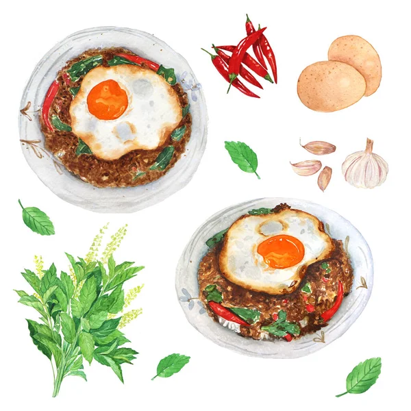 ホーリーバジルとクリスピー目玉焼きのタイの炒めミンチビーフ タイ料理 — ストック写真