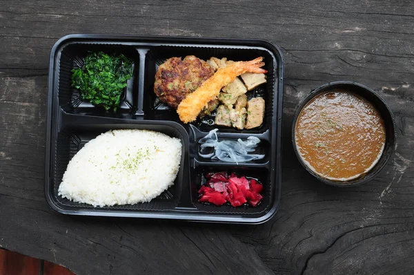 Japanese Curry Rice Hamburg Fried Shrimp Tray Set — Stock Photo, Image