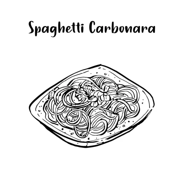 Spaghetti Carbonara Black White Sketch - Stok Vektor