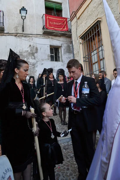 Granada Hiszpania Kwietnia 2014 Kobiety Dziewczęta Ubrane Czarną Mantillę Procesji — Zdjęcie stockowe