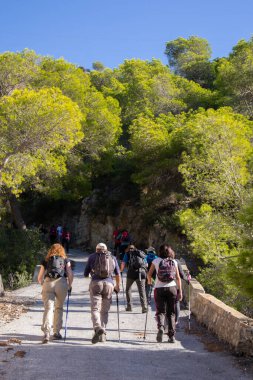 Maro Cerro Gordo kayalıklarından ağaçlık bir alana tırmanan bir grup yürüyüşçü.