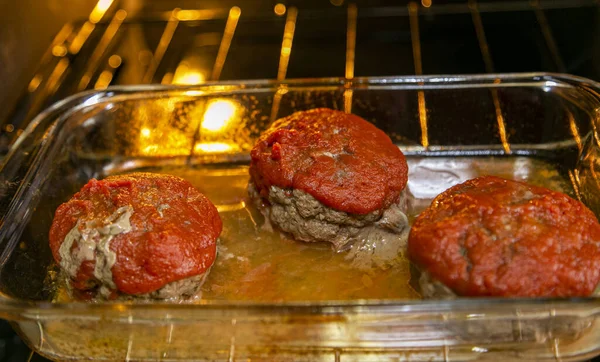 Three Polpettones Baking Oven Polpettone Italian Meatloaf Served Tomato Sauce — Stock Photo, Image