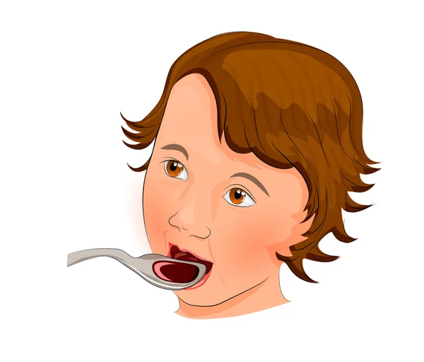 Child, drinking the syrup from a spoon — Stock Vector