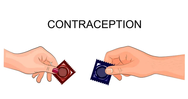 Мужчина и женщина держат в руках презерватив — стоковый вектор