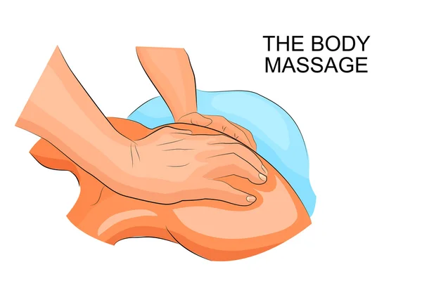 Terapeuta manual, amasando la espalda de los hombres. el masaje corporal . — Vector de stock