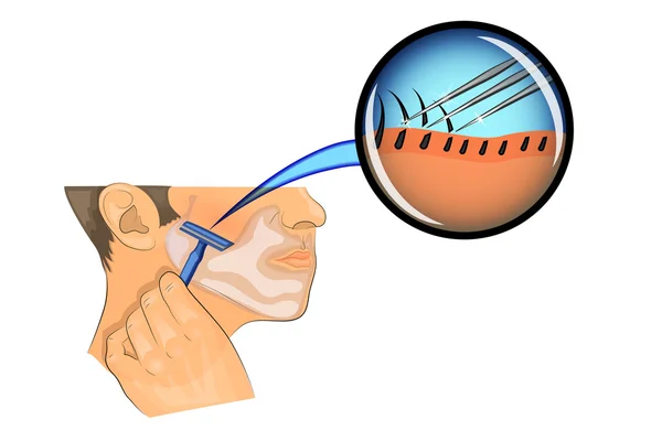 Un hombre se afeita, una afeitadora, gel facial o espuma de afeitar — Vector de stock