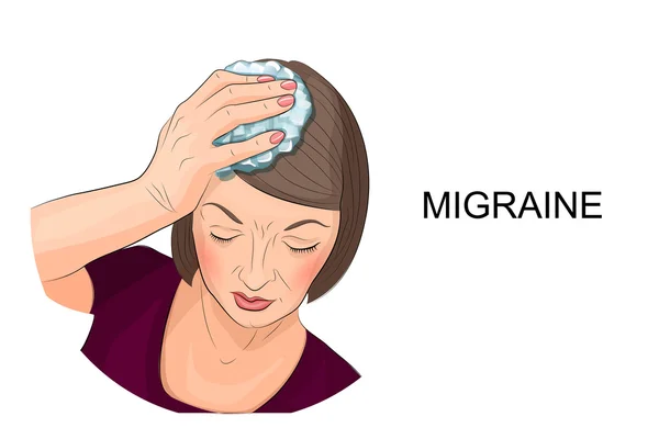 Žena trpí bolest hlavy držící ledu na hlavě — Stockový vektor