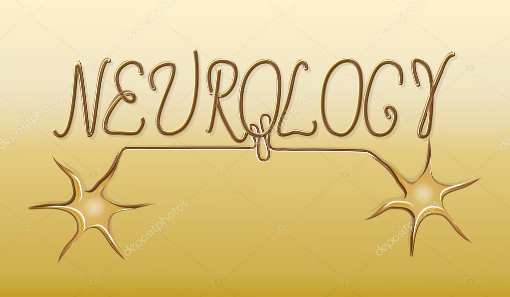 Illustration of neurons, neuroscience logo, golden effect.
