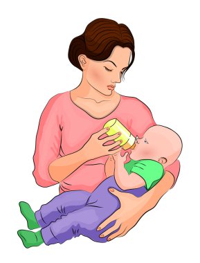 Anne ve çocuk. şişede süt.