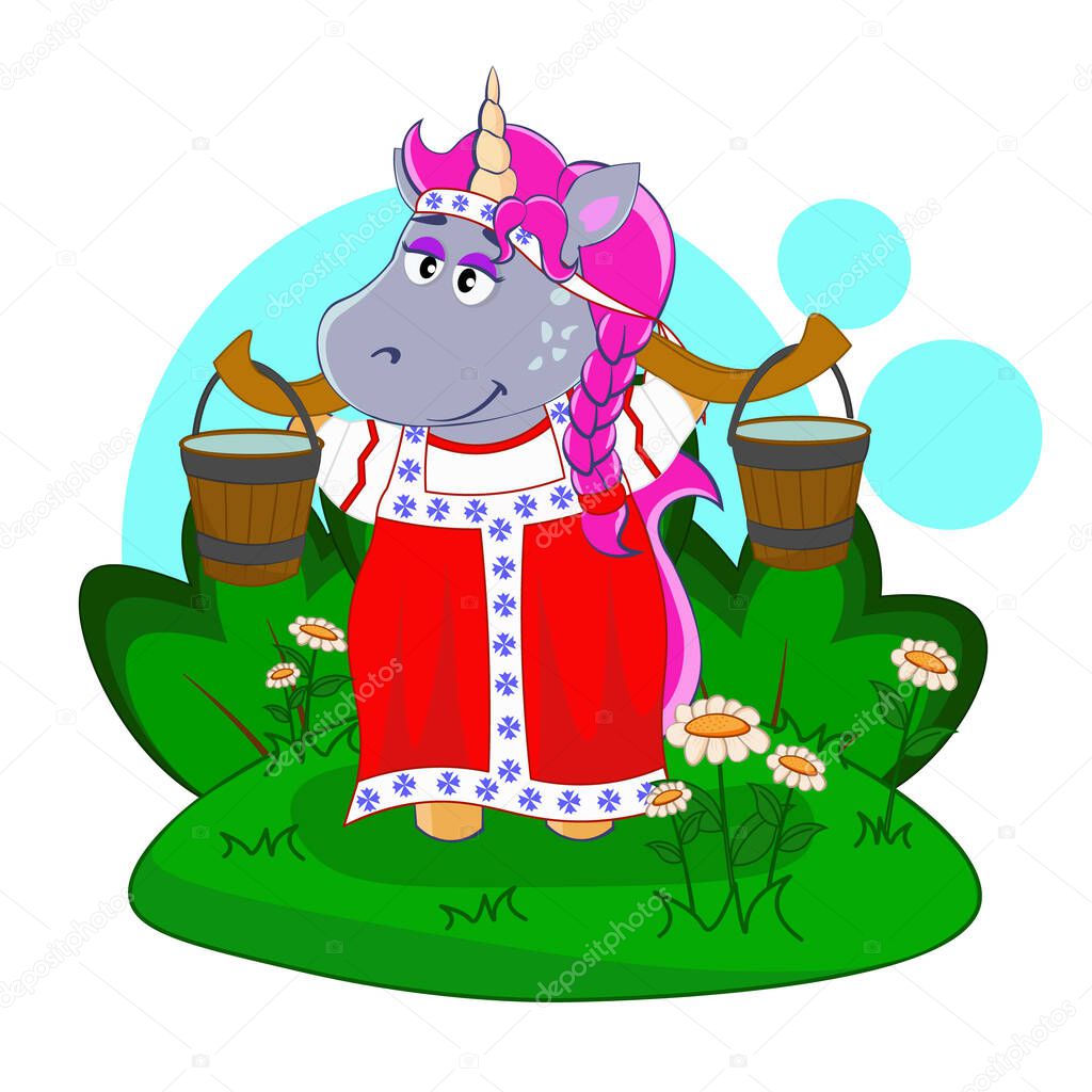 Unicorn in a Russian sundress with buckets of water and a yoke. Cartoon illustration for children