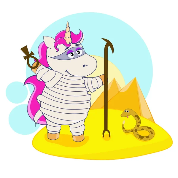 A cute unicorn mummy next to a snake stands against the background of the Egyptian pyramids in the desert. Cartoon illustration for children