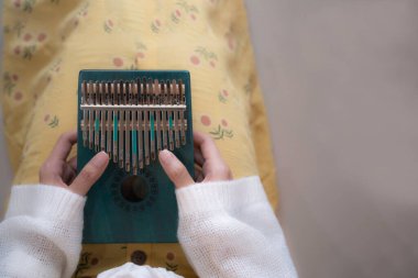 Sarı elbise arka planında, yumurtalık zemininde, kopya alanında, Zimbabwe 'den geleneksel Afrika müzik aleti, ahşap tahtadan ve metalden yapılmıştır..