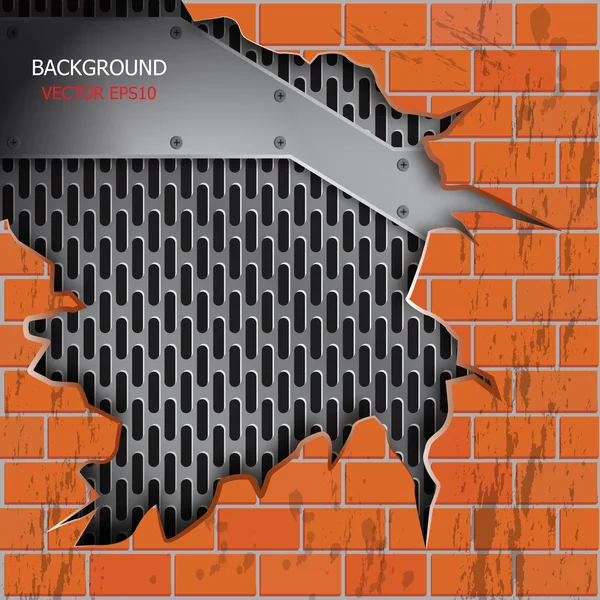 Vector brick wall cracks, metallic grill background for text — Stock Vector