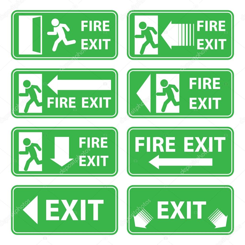 vector emergency exit signs set on green background