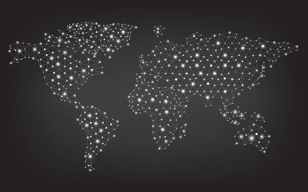 Mapa del mundo de telecomunicaciones abstracto con círculos, líneas y gra — Vector de stock