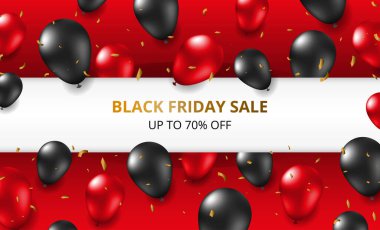 Siyah ve kırmızı helyum balonları, konfeti ve metin için yer içeren Kara Cuma indirimi afişi.