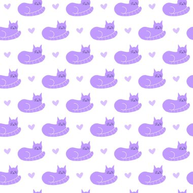 Sevimli, pürüzsüz desenli, karalamalı, mor kedili ve kalpli..