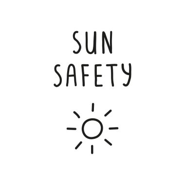 Basit el yazısı yazı harfleri güneş güvenliği ve karalama çizgisi güneş ikonu beyaz arkaplanda izole.