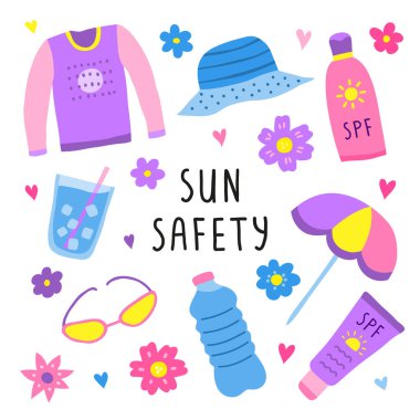 Beyaz arkaplanda izole edilmiş renkli karalama güneş güvenlik simgeleri.