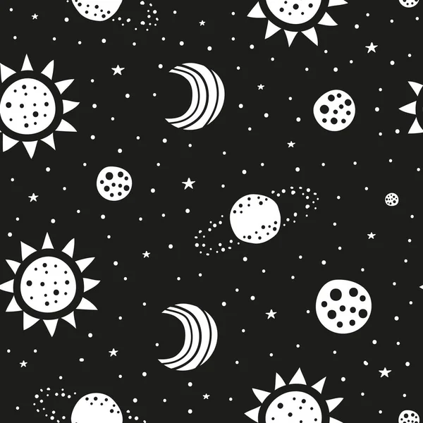 Nahtloses Muster Aus Schwarzem Und Weißem Raum Mit Kritzelnder Sonne — Stockvektor