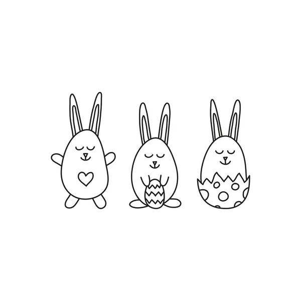 Cute Doodle Outline Baby Bunnies Easter Celebration Isolated White Background — Stock Vector