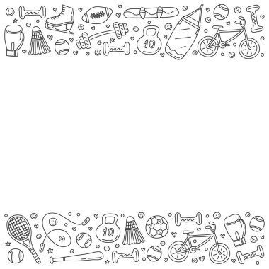 Karalama özeti spor öğeleri, beyaz arkaplanda ekipman olan poster.