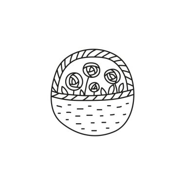 Beyaz arka planda izole edilmiş sepetteki yapraklarla çizilmiş gül çiçekleri.