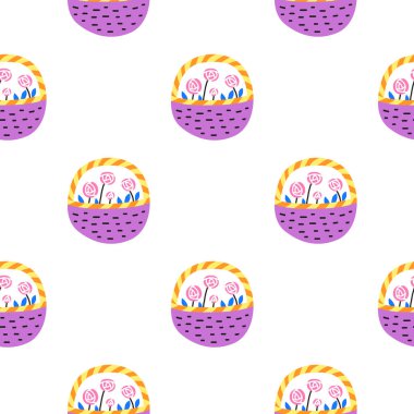 Beyaz, pürüzsüz desenli, karalamalı, renkli, sepetli gül çiçekleri..