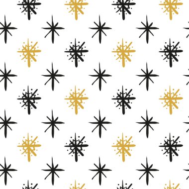 Siyah, altın ve beyaz desenli, elle çizilmiş mürekkep rengi kar taneleri..