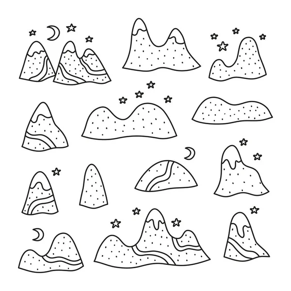 Conjunto Doodle Contorno Montañas Con Puntos Estrellas Aisladas Sobre Fondo — Archivo Imágenes Vectoriales