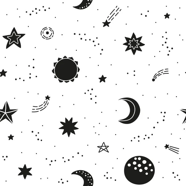 Schwarz Weißes Nahtloses Raummuster Mit Doodle Sternen Sonne Und Mond — Stockvektor