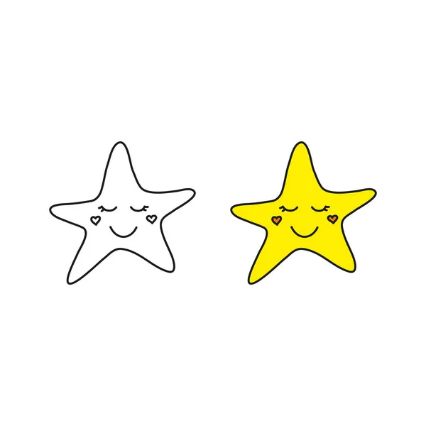 Gekritzelte Umrisse Und Farbige Sterne Glücklich Charakter Symbol Isoliert Auf — Stockvektor