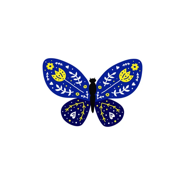 Papillon Doodle Coloré Avec Décor Floral Dans Style Folklorique Scandinave — Image vectorielle